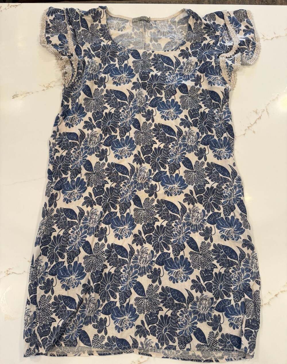 Luisa Perla Made In Italy Blue and Tan Floral Linen Flutter Sleeve Mini Dress